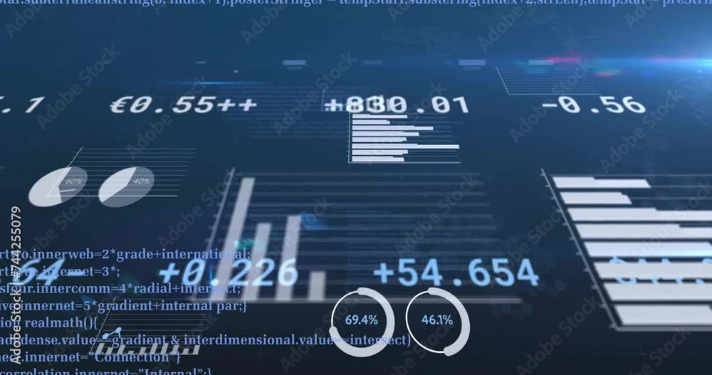 Poster animation of financial data processing over black background
