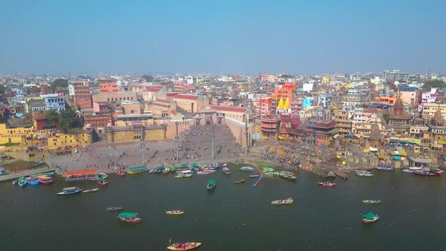 AERIAL view of Dashashwamedh Ghat, Kashi Vishwanath Temple and Manikarnika Ghat Manikarnika Mahashamshan Ghat Varanasi India