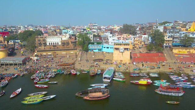 AERIAL view of Dashashwamedh Ghat, Kashi Vishwanath Temple and Manikarnika Ghat Manikarnika Mahashamshan Ghat Varanasi India