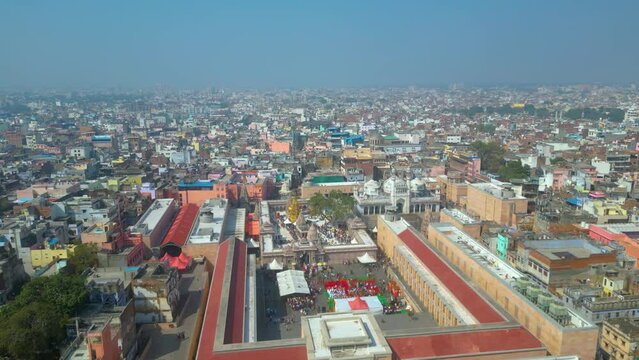AERIAL view of Dashashwamedh Ghat, Kashi Vishwanath Temple and Manikarnika Ghat Manikarnika Mahashamshan Ghat Varanasi India