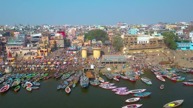 AERIAL view of Dashashwamedh Ghat, Kashi Vishwanath Temple and Manikarnika Ghat Manikarnika Mahashamshan Ghat Varanasi India