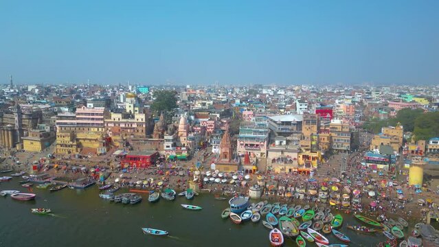 AERIAL view of Dashashwamedh Ghat, Kashi Vishwanath Temple and Manikarnika Ghat Manikarnika Mahashamshan Ghat Varanasi India