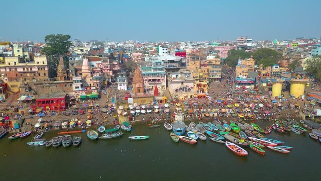 AERIAL view of Dashashwamedh Ghat, Kashi Vishwanath Temple and Manikarnika Ghat Manikarnika Mahashamshan Ghat Varanasi India