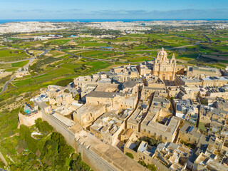 Drone view of Mdina city - old capital of Malta island