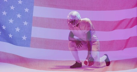 Animation of african american american football player kneeling with ball and flag of usa