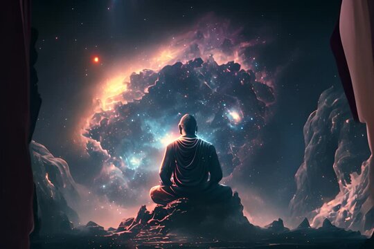 Meditative Buddha in a Lotus Pose cosmic background and with mandala sky 3d footage. Sacred and spiritual video