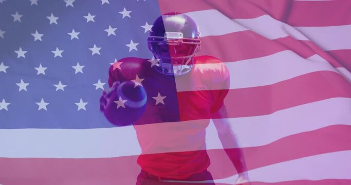 Animation of caucasian american football player and flag of usa
