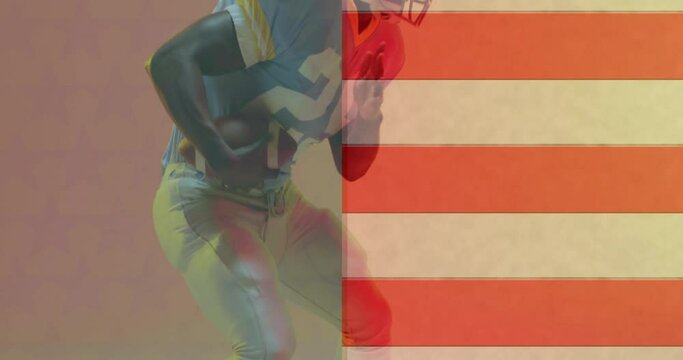Animation of african american american football player and flag of usa