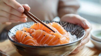 Close-up hand holding chopsticks to hold salmon sashimi. japanese food. generative AI image
