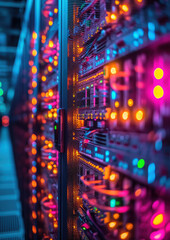 Fototapeta premium data center, cryptocurrency mining, wires, neon, motherboard, modern technology, electronics, engineering infrastructure, IT, computer, equipment, server, information, network, internet