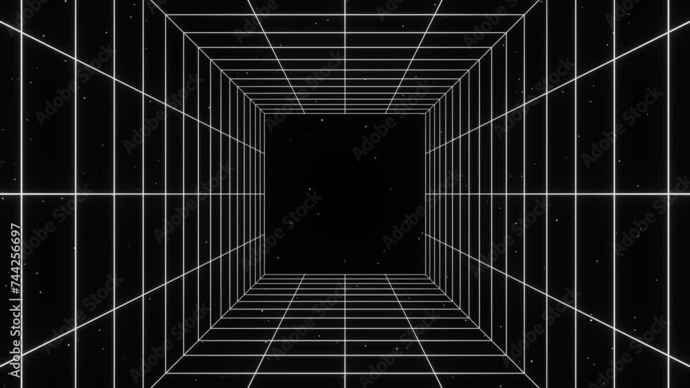 Aufkleber 3d retro futuristic black and white abstract background. wireframe neon laser swirl grid cube square