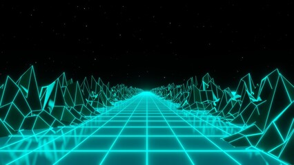 3d green aqua blue neon 80s 90s retrowave grid wireframe road. Retro cyberpunk futuristic background. Glow and shine synthwave 4k y2k. Music party disco template poster Illustration 8k 