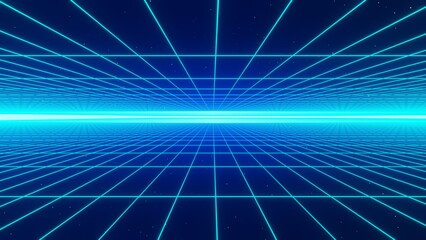 3d abstract retro sky blue aqua neon grid. Wireframe sci-fi futuristic background 80s 90s videogame y2k style. Glow shine light in the middle of space galaxy. Disco music party. Illustration 8k 