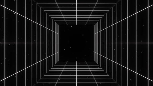3d retro futuristic black and white abstract background. Wireframe neon laser swirl grid cube square tunnel lines with stars. Retroway synthwave videogame sci-fi.	
