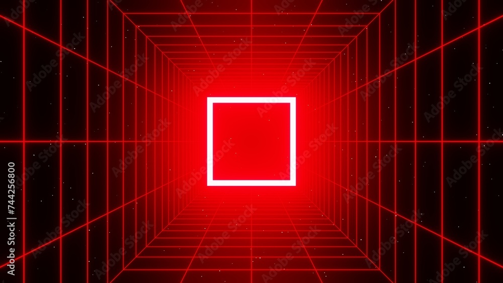 Poster 3d retro futuristic red abstract background. wireframe neon laser swirl grid cube square tunnel line