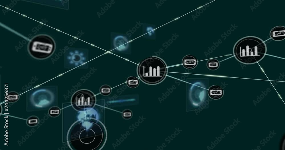 Aufkleber animation of network of connections with icons and data processing