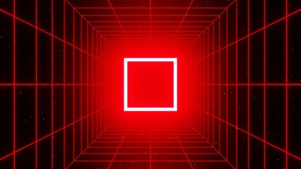 3d retro futuristic red abstract background. Wireframe neon laser swirl grid cube square tunnel lines with stars. Glowing frame. Retroway synthwave videogame sci-fi. 8k illustration