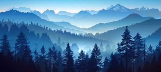 Landscape of misty mountains. View of coniferous forest, layers of mountain and haze in the hills at distance. Beautiful cloudy sky. Tourism and travelling. - obrazy, fototapety, plakaty