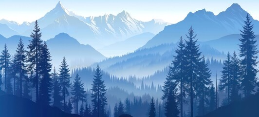  illustration of the pine trees forest receding into the distance on the background of light blue mountains in thick fog.