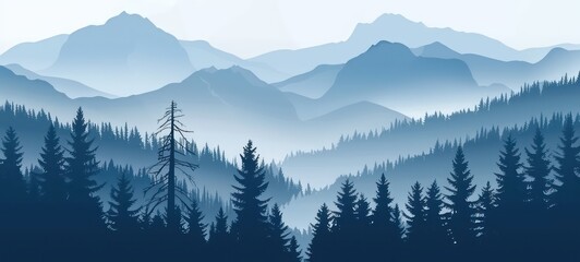 Obraz premium illustration of the pine trees forest receding into the distance on the background of light blue mountains in thick fog.