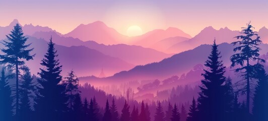 Abstract image of a sunset, the dawn sun over the mountains in the background and a thick forest down to the valley in the foreground. Mountain landscape. Forest mountains in the background.