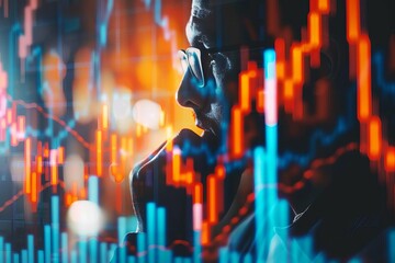 Business strategy and investment visualized through a stock market concept Showcasing a businessman analyzing growth trends and making informed decisions. - obrazy, fototapety, plakaty