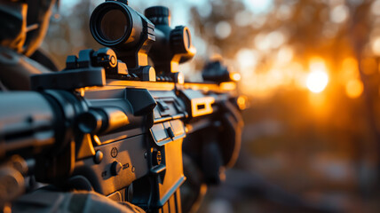 Close-up of a scoped rifle at sunset, representing security, military, precision, hunting, and defense.