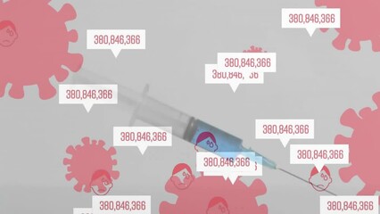 Animation of data processing with icons and virus cells over syringe - Powered by Adobe