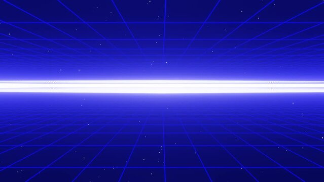 3d abstract retro blue purple neon grid. Wireframe sci-fi futuristic background 80s 90s videogame y2k style. Glow shine light in the middle of space galaxy. Disco music party. Animation loop 30fps	