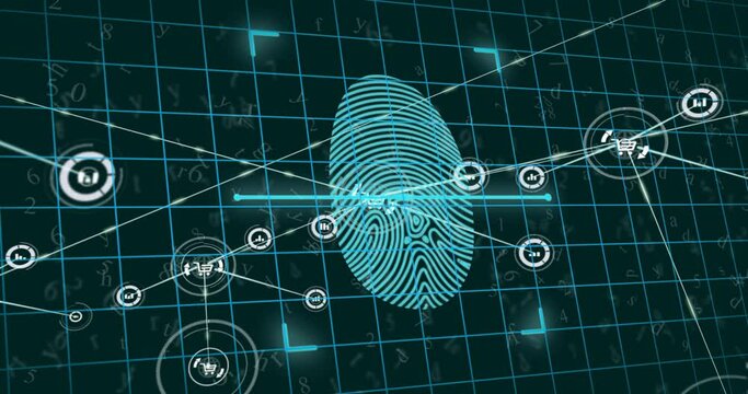 Animation of biometric fingerprint, network of connections with icons and data processing
