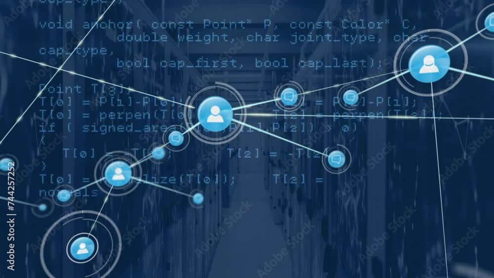 Poster animation of network of connections with icons and data processing over computer servers