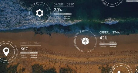 Animation of network of icons and data processing over landscape - Powered by Adobe