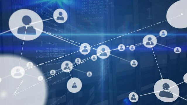 Animation of network of connections with icons and data processing over computer servers
