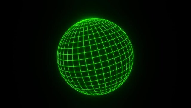 3d render green wireframe grid sphere glob ball. Retro neon y2k 90s 80s vaprowave retrowave background. Network planet Earth. Animation 30fps 4k loop Music futuristic disco template. 