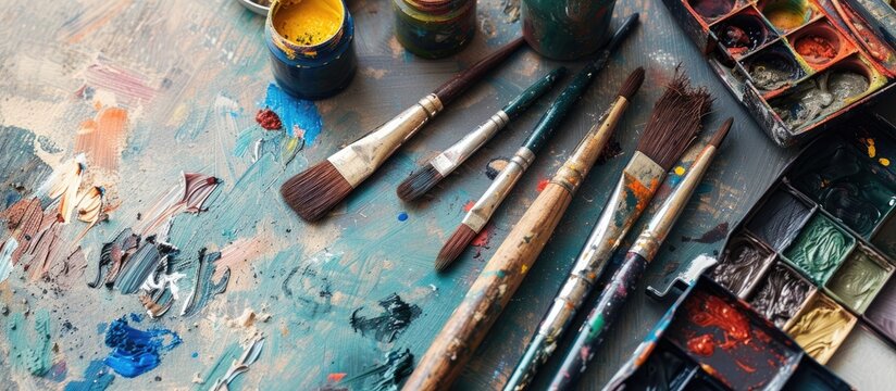 A collection of paintbrushes of various sizes and shapes neatly arranged on a table, ready for an artist to use in creating artwork.