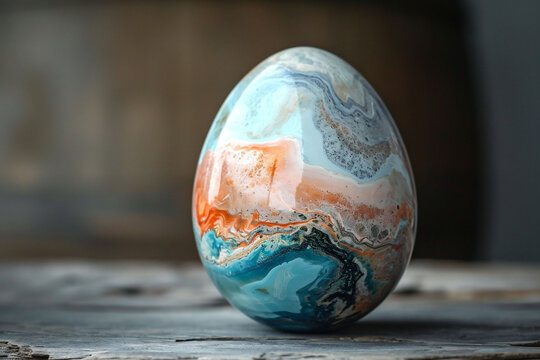 A single colorful marble Easter egg with a swirl of blue, orange and white hues rests on a wooden surface, imbued with a natural and artistic essence, perfect for modern Easter decor.