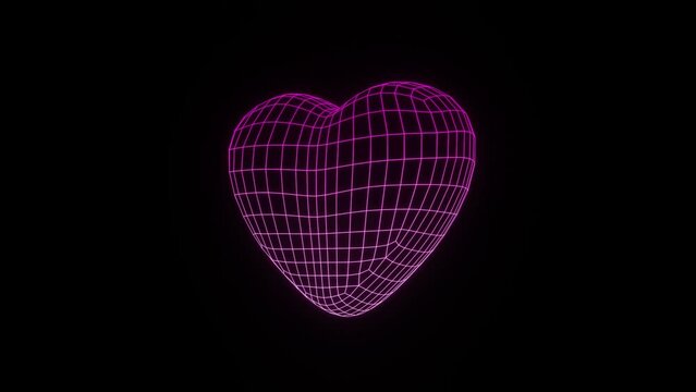 3d neon wireframe grid pink romantic technology heart. Love Valentines day science retro 80s 90s y2k symbol. Animation rotating 30fps loop Music futuristic disco template. 