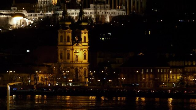 Budapest city (Hungary capital) center view and Danube river at night, gothic architecture, light reflections, wide panoramic shot