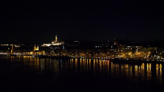 Budapest city (Hungary capital) center view and Danube river at night, light reflections, wide panoramic shot