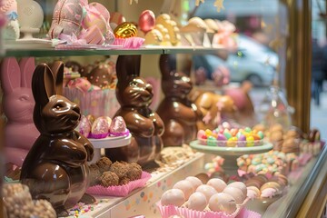 Chocolate easter bunnies lined up in a confectionery window Surrounded by sweets and pastel decorations Enticing passersby - obrazy, fototapety, plakaty