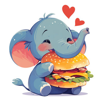 Cute Cartoon Elephant Eating Burger, for t-shirts, Children's Books, Stickers, Posters. Vector Illustration PNG Image