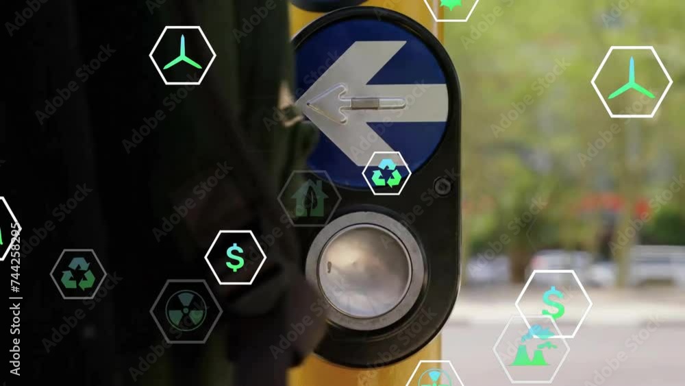 Poster animation of eco icons and data processing over traffic lights