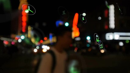 Animation of eco icons and data processing over out of focus city lights - Powered by Adobe