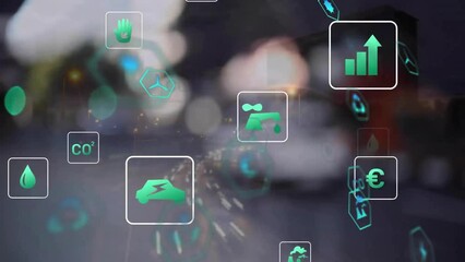 Animation of eco icons and data processing over out of focus city lights - Powered by Adobe