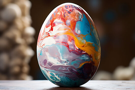 A single colorful marble Easter egg with a swirl of blue, orange and white hues rests on a wooden surface, imbued with a natural and artistic essence, perfect for modern Easter decor.
