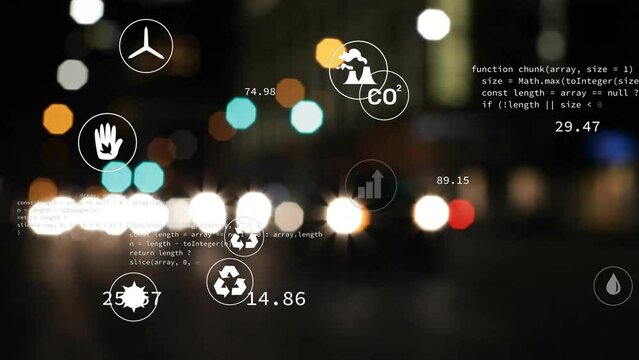 Animation of eco icons and data processing over out of focus city lights