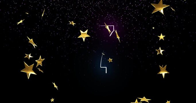Animation of stars and snow falling over countdown on black background