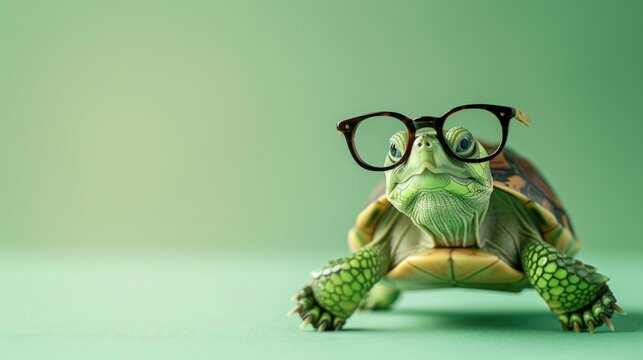 Portrait Cute little green turtle wearing glasses on green pastel background. Copy space