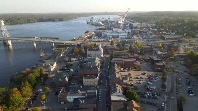 Drone footage of the the Bath Iron Works and Bath City. Rising up shot.