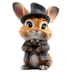 A 3D animated cartoon render of a cute rabbit dressed in a bowtie and top hat.